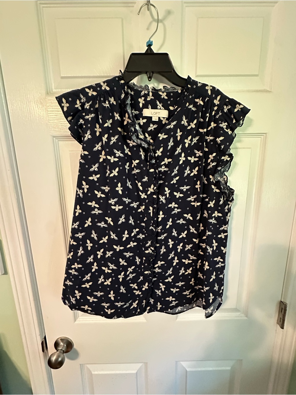 LOFT Navy and White Flutter Sleeve Bee Print Blouse